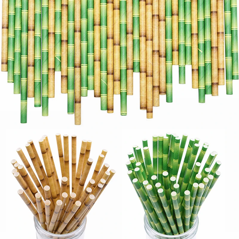 

25pcs/lot Bamboo Paper Straws Green Yellow Disposable Straws for Tropical Party Decoration Wedding Birthday Drinking Accessory 7