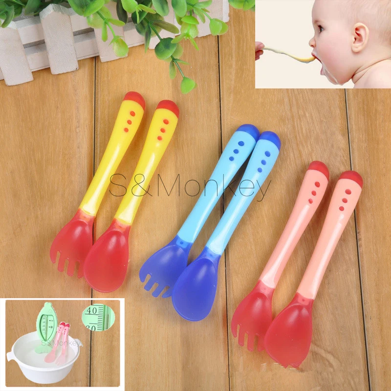 

3pc baby care New Safety Temperature Sensing Spoon fork Baby Flatware Feeding Spoon Baby Kids Weaning Silicone Head Tableware