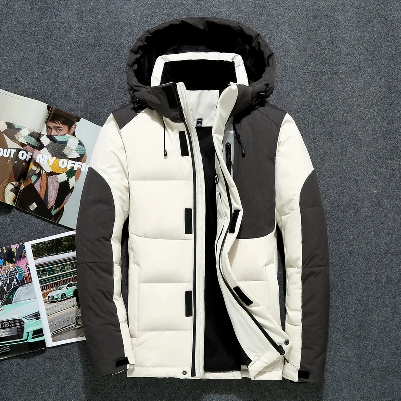 

2019 High Quality Mens Hooded Duck Down Jackets Man Patchwork Thick Winter Coats Male Fashion Overcoats Keep Warm Outerwear