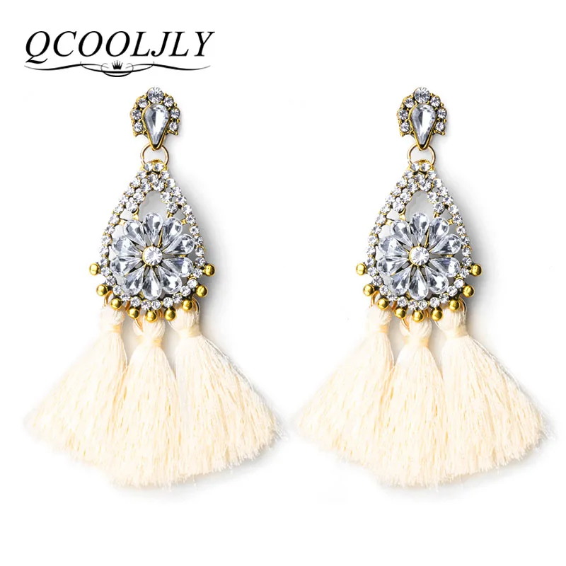 

QCOOLJLY Handmade Ethnic Bohemian Tassel Earrings Rhinestone Dangle Earrings Red Long Tassel Earrings for Women 2017 New