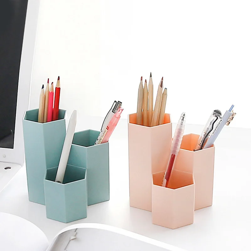 

Creative Multifunction Pen Hexagon Holder Stationery Makeup Storage Boxes Cute Pencil Holders Organizer Office Desk Storage Box