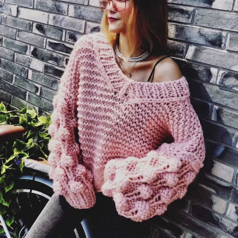 ^*Best Offers Autumn hand knitted V-Neck Sweater Flower Crocheted lazy Pullover Rough wool Long Lantern Sleeved Coarse 3D Hook Yarn Balls Tops ^*Best Offers Autumn hand knitted V-Neck Sweater Flower Crocheted lazy Pullover Rough wool Long Lantern Sleeved Coarse 3D Hook Yarn Balls Tops