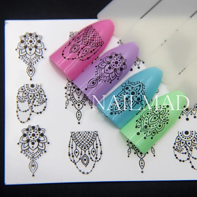 1 лист NailMAD Черная кружевная наклейка для дизайна ногтей Мандала переводные наклейки с водой