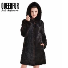 Fashion Women Real Mink Fur Coat With Big Hood Genuine Leather Long Jacket Top Luxury Female Natural Fur Long Sleeves Outwear