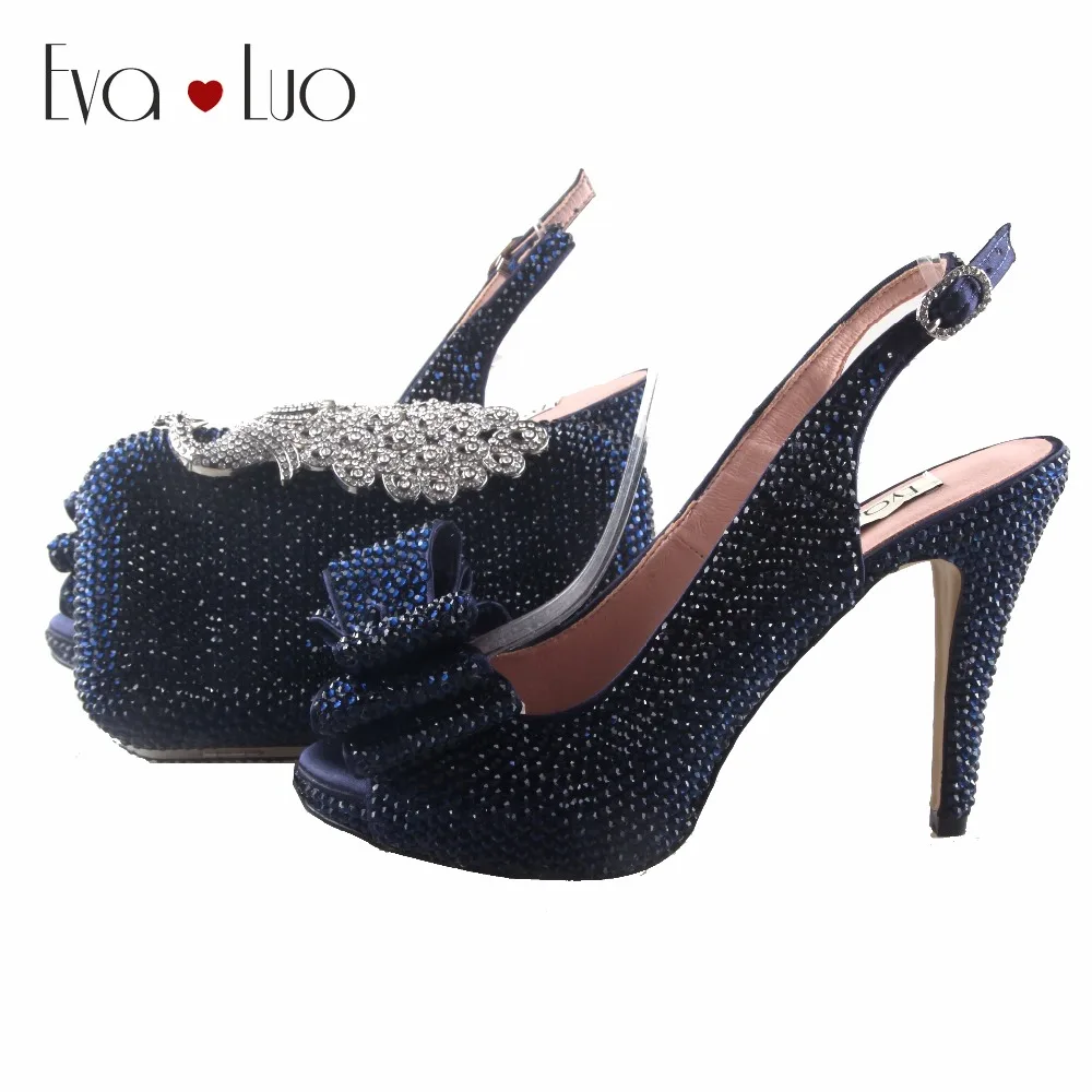BS881 Custom Handmade Navy Blue Crystal Bow Slingbacks Shoes with