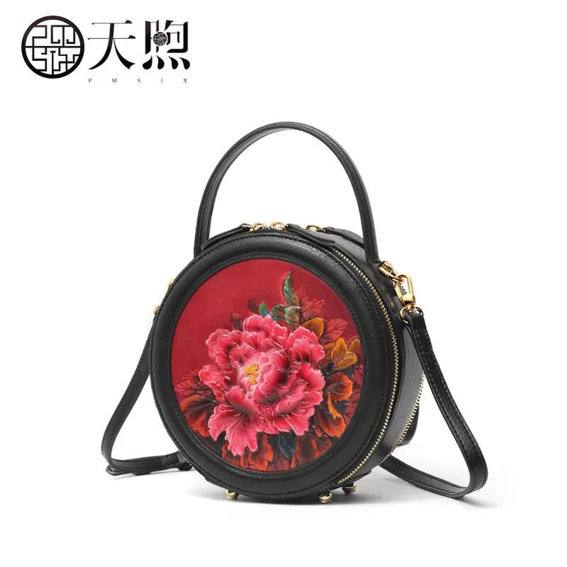 

Pmsix 2019 New women Genuine Leather bags Luxury Leather handbags fashion Cowhide Embossing Round bag women leather shoulder bag