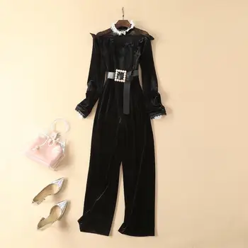 

European and American womenswear 2019 summer new style Joining together Lace collar Long sleeve slim black velvet jumpsuit