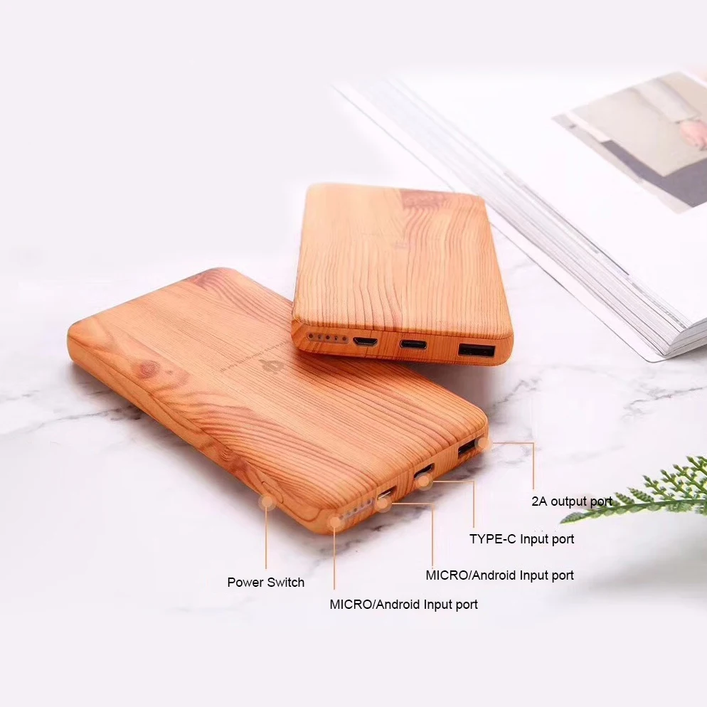 Wood Design Wireless Charger 10000Amh Power Bank Portable USB Type C Qi Wireless Charging Pad Power bank for iPhone X 6 7 8 Plus