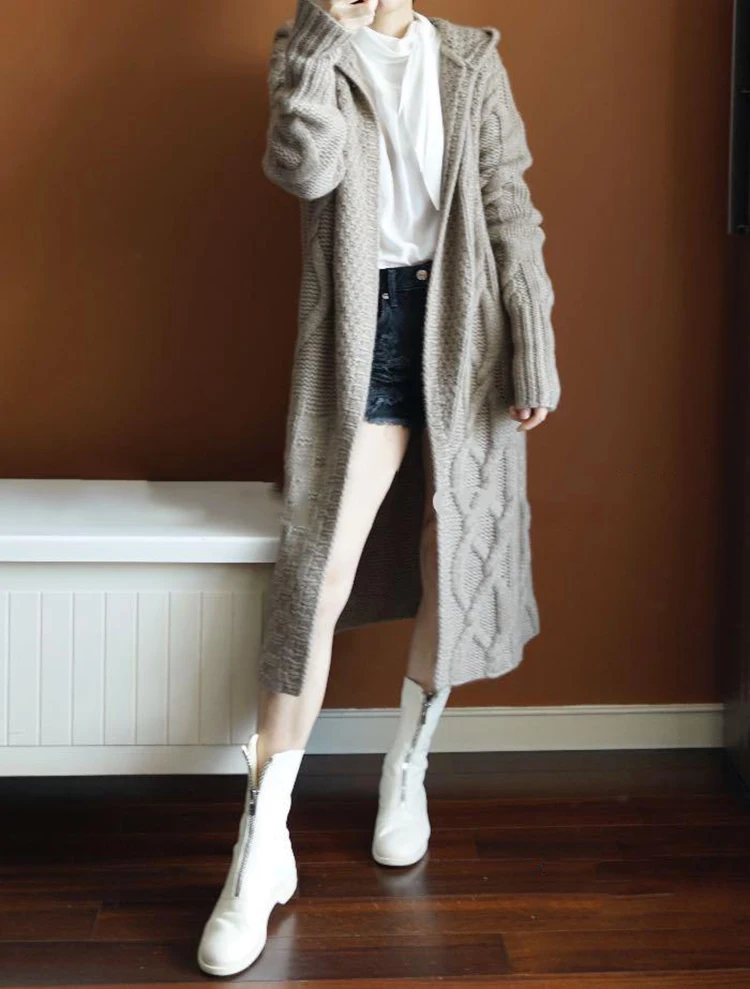 Осенне-зимний толстый длинный кашемировый свитер с капюшоном, длинный теплый кардиган до колена, модный свитер