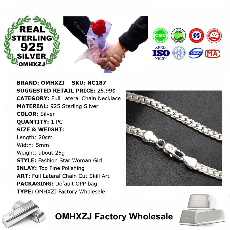 OMHXZJ,, индивидуальная мода, OL, подарок для женщин и девушек, серебро, 5 мм, полная боковая цепь, 925 пробы, серебряная цепочка, ожерелье, NC187