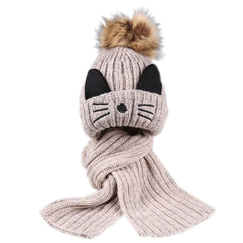 

Baby girl beanie cap set with scarf for winter thickened Warm Crochet Knit cartoon cat Fur Pom Bobble caps infant girls hat