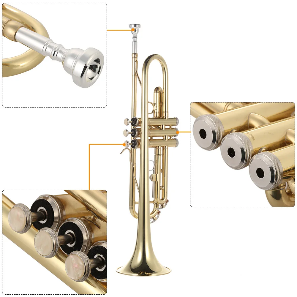 Trumpet Bb Flat Brass Gold-painted Exquisite Durable Brass Musical Instrument with Trumpet Mouthpiece Gloves Strap Case