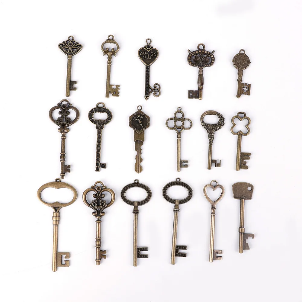 12 Antiqued Silver Tone Skeleton Keys Wedding Vintage Style Pendants Charms Mix