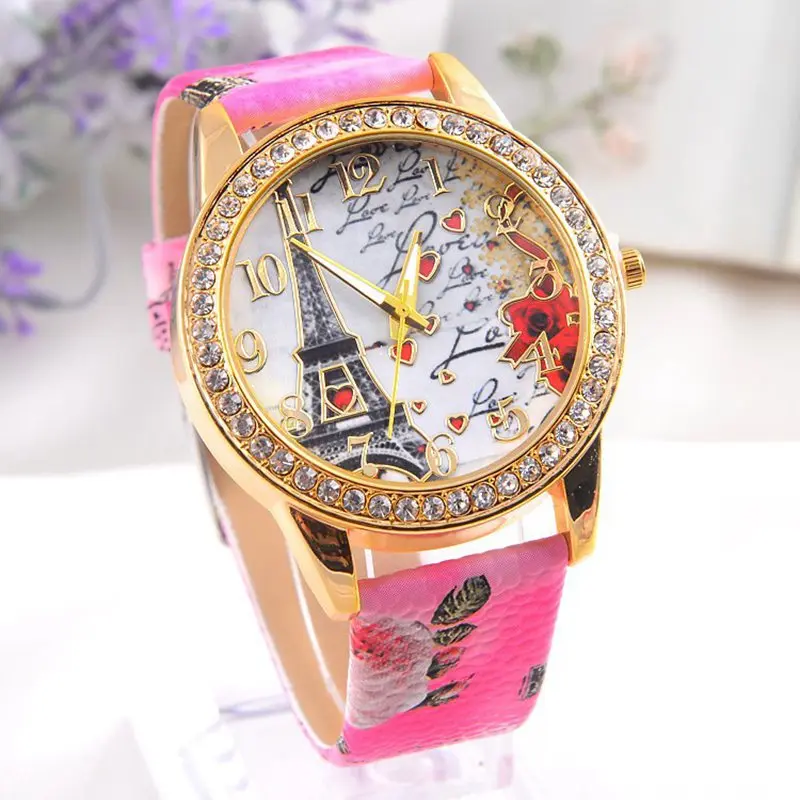 

New Stylish Women Quartz Watch Vintage Leather Dress Eiffel Tower Watch Women Students Retro Rhinestone Casual Wrist Watches