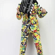 S-5XL Лидер продаж Для мужчин бренд Новая мода Аннотация граффити печати костюм певица сценические костюмы Для мужчин граффити костюмы с платьем