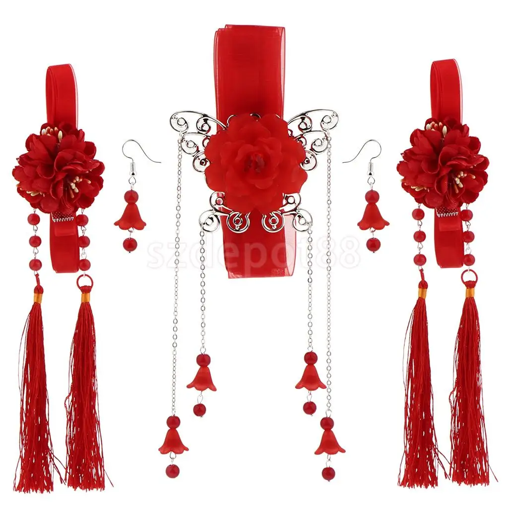 Ribbon Flower Chain Tassel Ancient Chinese Headdress Clip & Beads Dangle Earring Set Bridal Wedding Cosplay Party Hair Jewelry