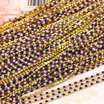 

10Meter 2mm Pearl Blue Rhinestones Gold Plated Flatback Ribbon Chain Trim For Sewing Craft Diy