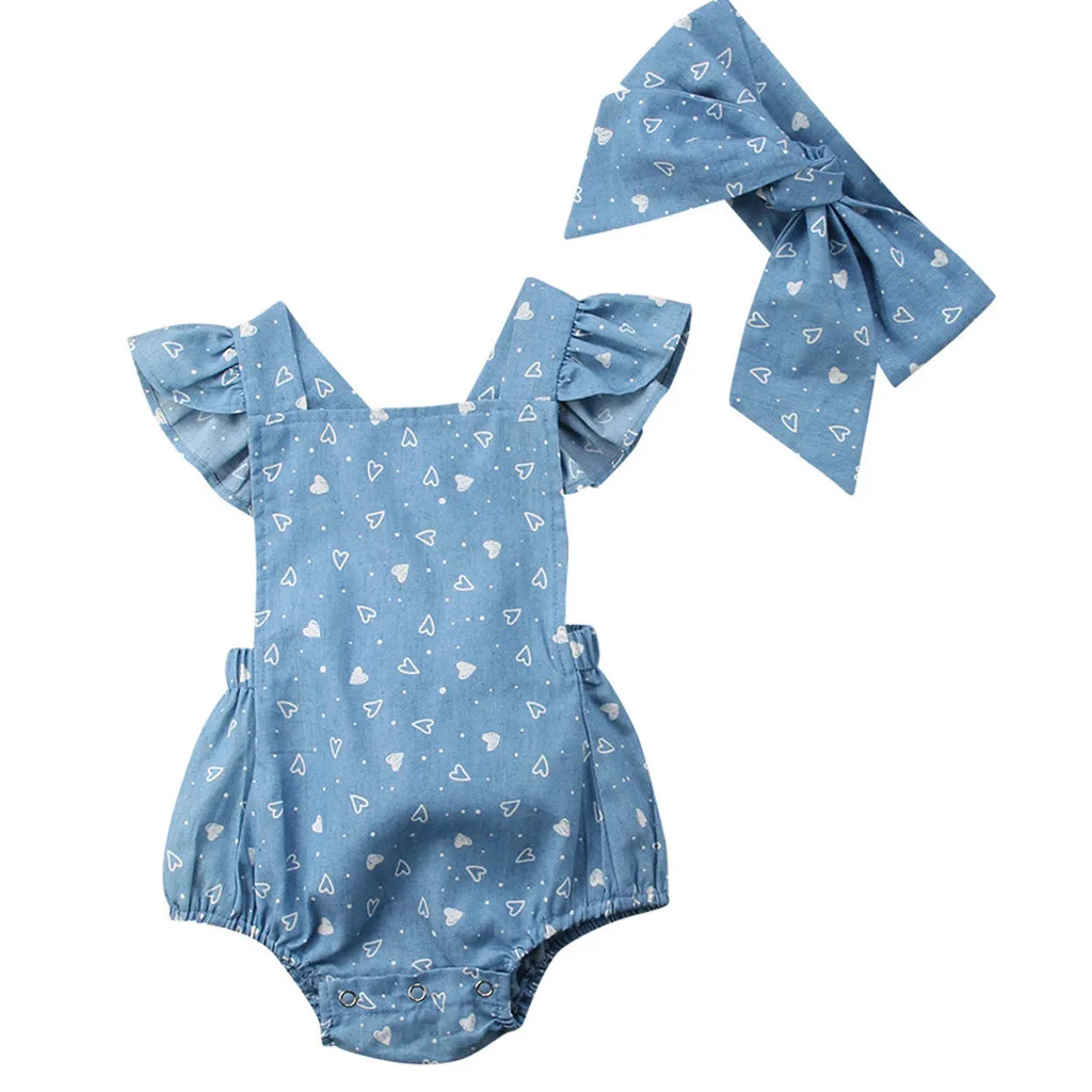 

Toddlers Infant Baby Kids Clothes Set Hearts Printed 2019 Headband+Romper Clothes Set Outfits baby Kids girls Clothes Sets