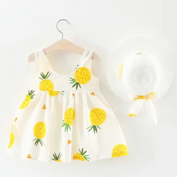 

Baby Dresses Girl Sleeveless Pineapple Princess Dresses Bow Hat Outfits Newborn Dress Sukienka Niemowleca