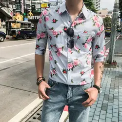 Мода 2019 летняя рубашка с коротким рукавом мужская брендовая новая приталенная Мужская рубашка с принтом Повседневная Деловая полосатая
