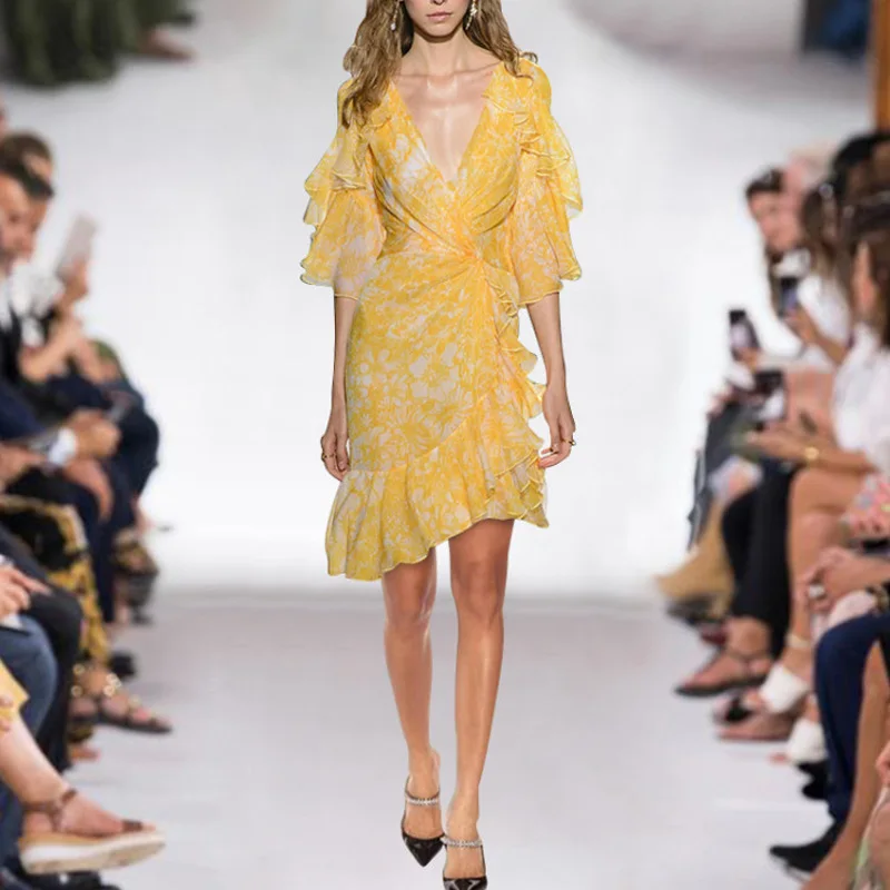 

Irregular Ruffles High Quality Summer New Women'S Fashion Party Sexy Beach Boho Vintage Elegant Chic Print Yellow Chiffon Dress