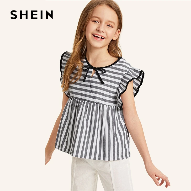 SHEIN Kiddie Girls Tie Neck Ruffle Trim Striped Cute Peplum Top Children 2019 Summer Butterfly Sleeve Wrap Casual Blouse Shirts