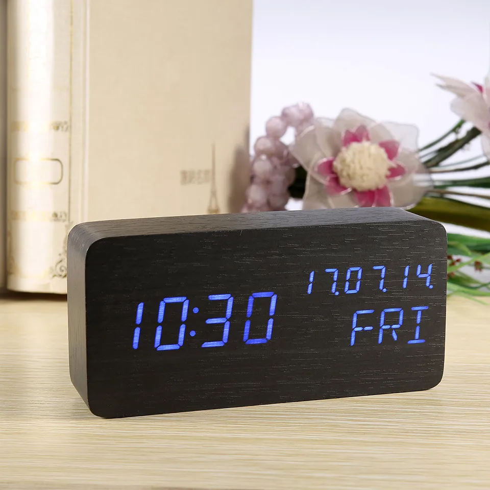 Wooden Alarm Clock with Temperature Calendar Sounds Control LED Digital