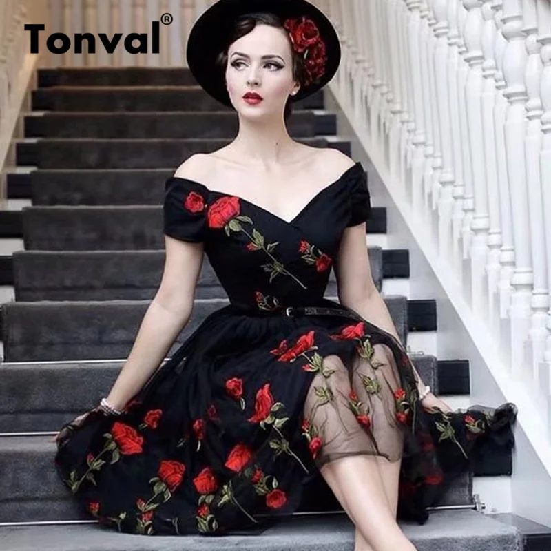Женское Сетчатое платье с цветочной вышивкой Tonval винтажное розовое черное v