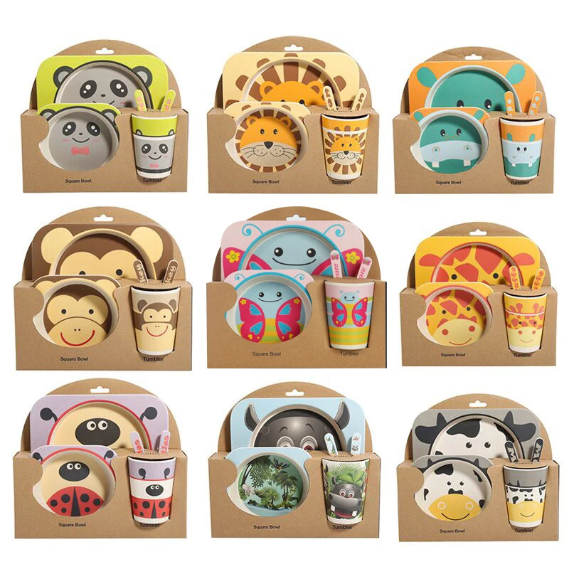 Comprar 5 unids set de dibujos animados de animales placa + arco + tenedor + taza bebé vajilla de alimentación conjunto de bebé de fibra de bambú de los niños contenedor de vajilla