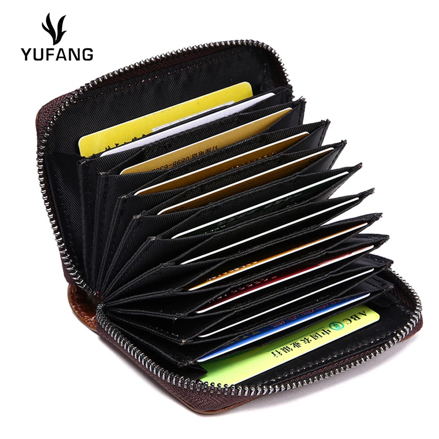 

YUFANG Genuine Leather Men Card Holder Vintage Card Case Coffee Mini Purse Male Leisure Card Wallet Large Capacity Clutch Bag