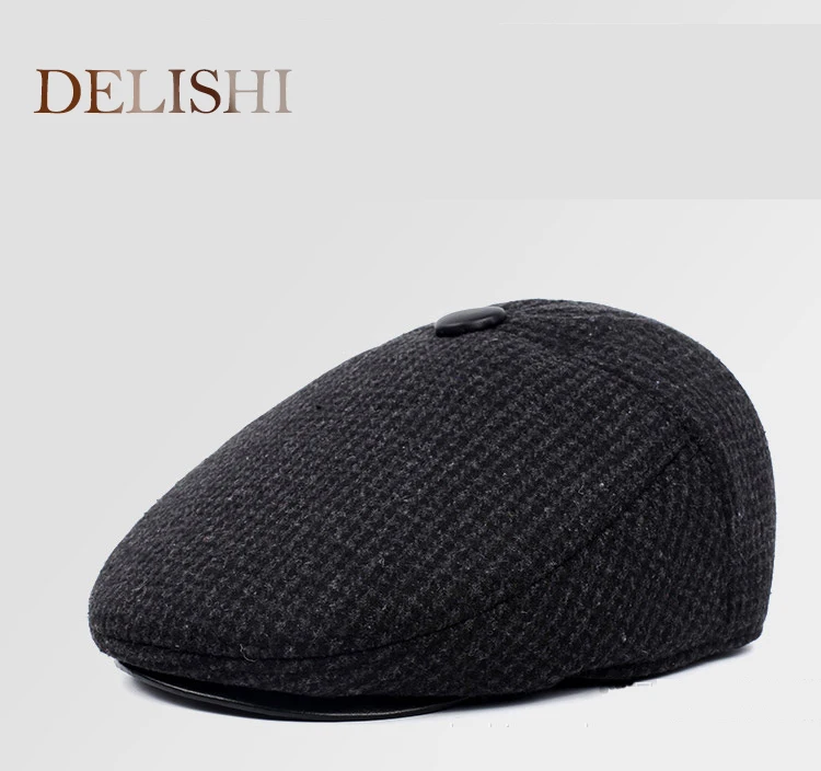 Новые модные мужские береты осень-зима толстые наушники шерсть клетчатая шляпа холодная шапка папа шляпа