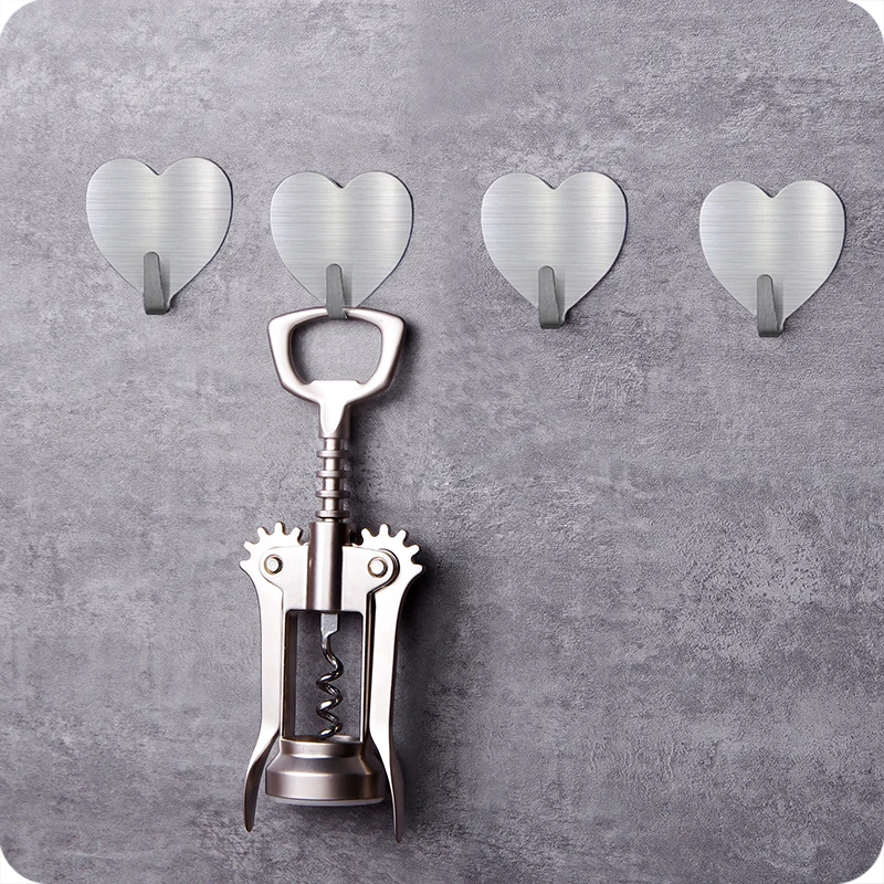 

4pcs Heart shape Stainless Steel Seamless wall Hooks Adhesive coat hanger hat bag key holder rack kitchen bathroom organizer