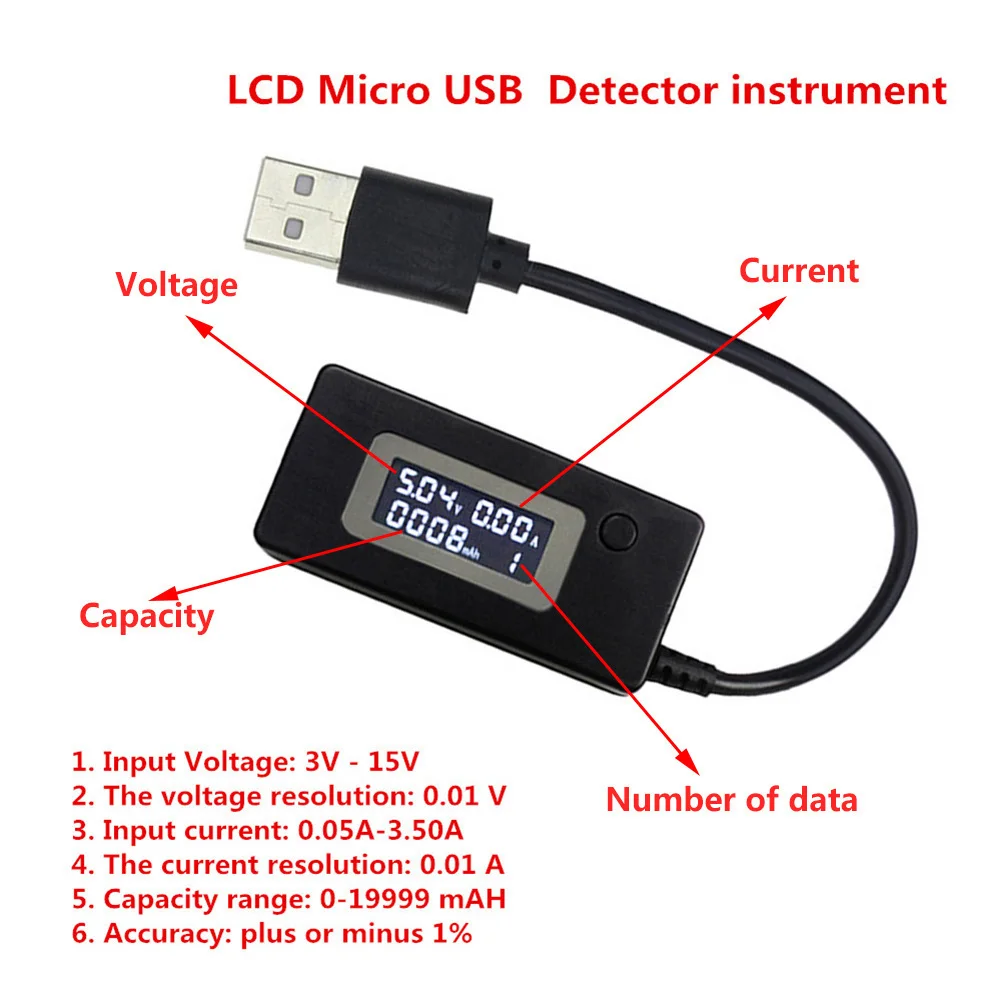 Черный ЖК цифровой микро USB детектор тока и напряжения Мобильная мощность