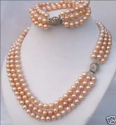 

shipping 3 Rows 7-8mm Pink Akoya Pearl Necklace Bracelet Set (A0423)