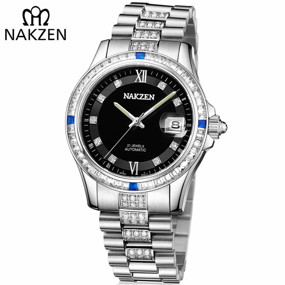 NAKZEN الرجال ساعة يابانية حركة التلقائي الميكانيكية ووتش أنيقة الماس الفولاذ المقاوم للصدأ ساعات يد Relogio Masculino NAKZEN الرجال ساعة يابانية حركة التلقائي الميكانيكية ووتش أنيقة الماس الفولاذ المقاوم للصدأ ساعات يد Relogio Masculino