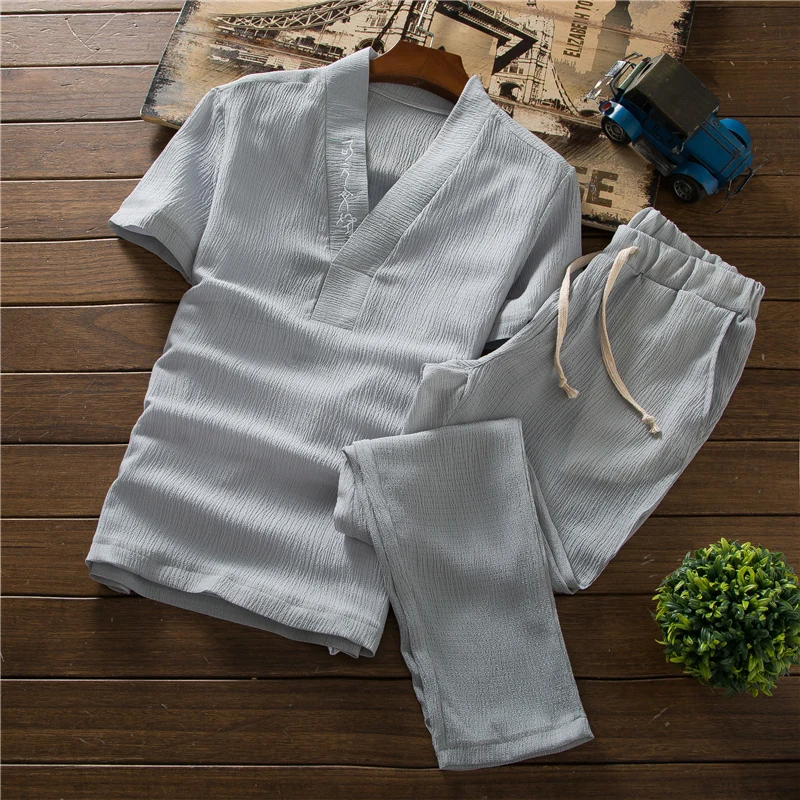  Summer Men Short Sleeve tshirt and Drawstring Lace Pants Pure Color Embroidered Men Two-Piece Set