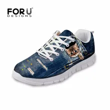 FORUDESIGNS/ г.; Осенняя женская повседневная обувь на шнуровке; Винтажная обувь из джинсовой ткани с изображением кота; дышащая Женская легкая обувь на плоской подошве; женская обувь для отдыха