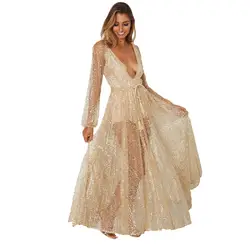 Вечерние Клубные блестки женское длинное платье с длинным рукавом Тощий элегантный открытый грудь глубокий v-образный вырез сетка высокий