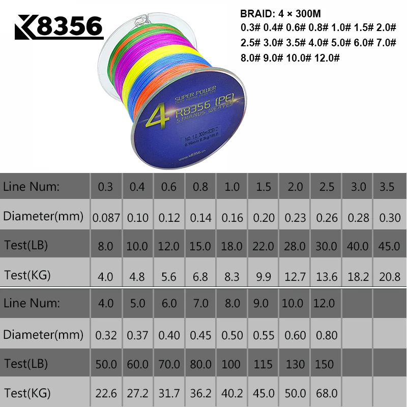 K8356 300 متر/328 متر 4 المدرجات PE خط مضفر خيط صنارة الصيد 100% PE مولتيفيلامنت خيط صنارة الصيد سوبر قوية عالية الجودة 8LB-150LB