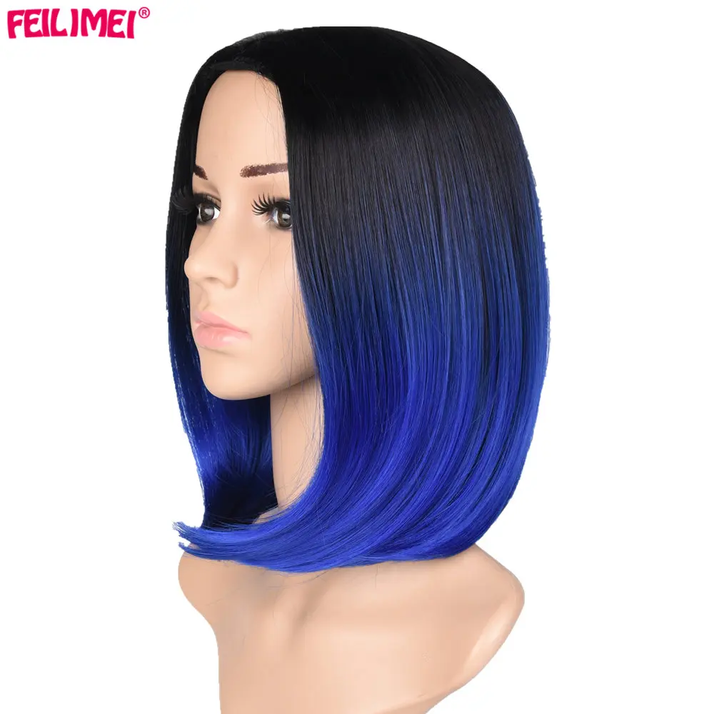 

Feilimei Ombre Blue Bob Wig 160g African American Synthetic Heat Resistant Hair Short Straight Colored Cosplay Wigs