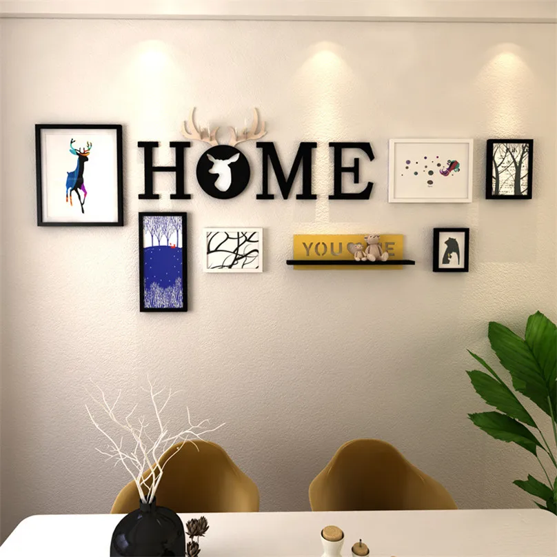 

Mordern Collage 6pcs Picture Frames+Home Letter+Shelf Wall Decor Photo Frame Set Wooden Picture Frame Sets for Wall Marco Foto
