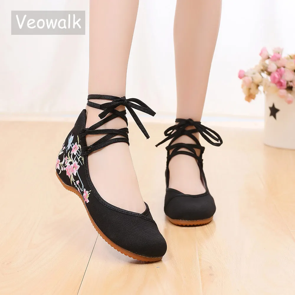 US $10.92 Veowalk Ankle Strap Women Canvas Embroidered Ballet Flats Ladies Comfortable Cotton Dance Ballerinas Vegan Muslem Shoes