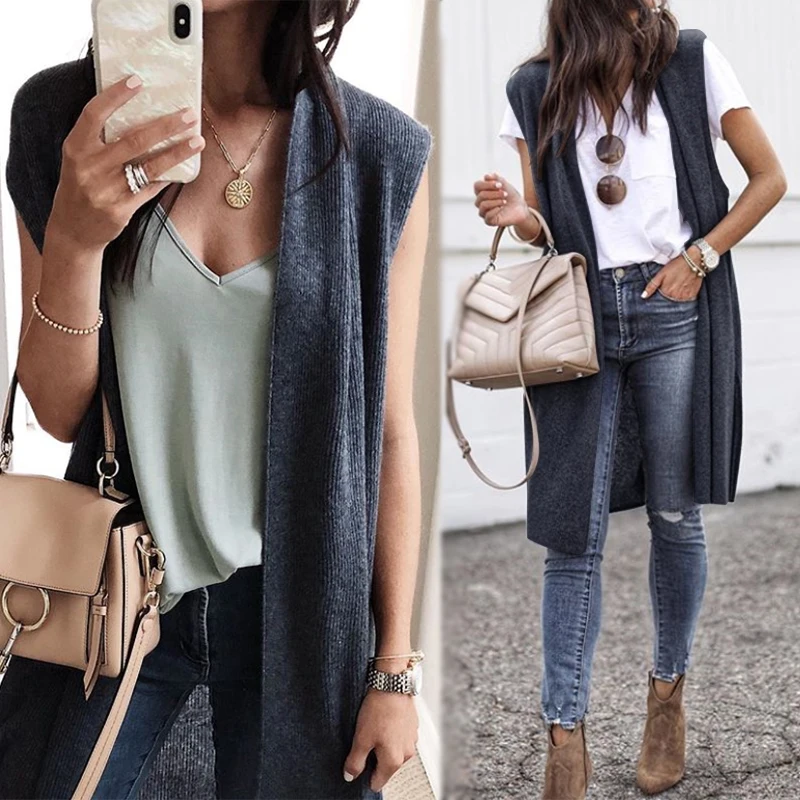 

Women's Vest 2019 Autumn Sleeveless Jackets Female Knee Length Gilets Femme Cardigan Coats Lady Knitted Casual Spring Waistcoats