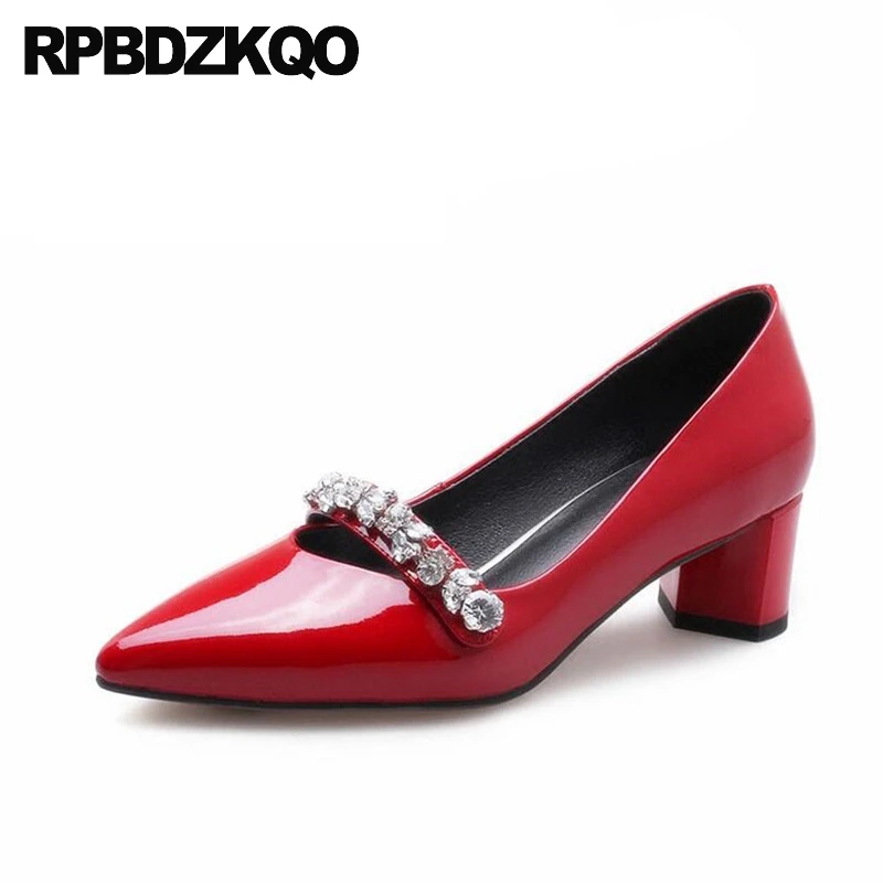 

Prom Thick Patent Leather Dress Crystal Pumps Pointed Toe Mary Jane Strap Party Shoes Red Medium Heels Genuine Ladies Rhinestone