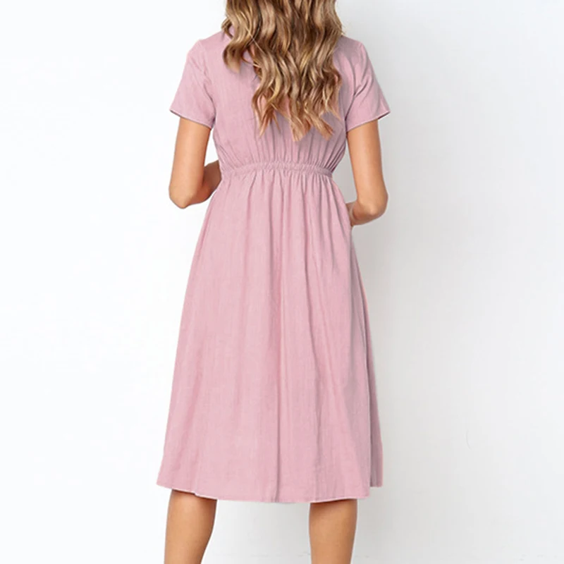Women's Sexy Summer Dresses 2019 Boho Short Sleeve Button Solid Midi Dress Sundress With Pockets Lady Beach Party Dress Vestidos