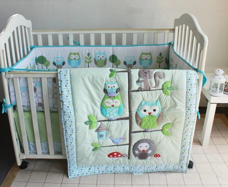 

Promotion! 4PCS Embroidery owl baby bedding set bumper bed sheet crib bedding set,include(bumper+duvet+bed cover+bed skirt)