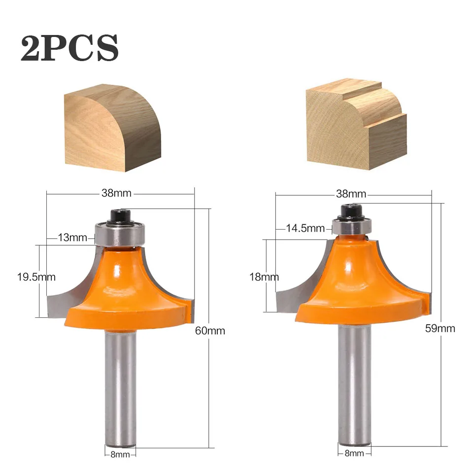 1 шт. 8 мм хвостовик Круглый-над фрезы для деревообработки инструмент 2 Флейта концевая фреза с подшипником Фрезерный резак угловой круглый над бит - Длина режущей кромки: 2PCS