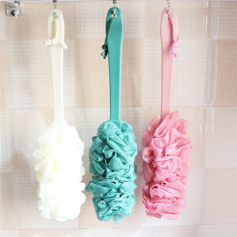 Bathroom body brush new Long Crystal Handle Hanging Soft Mesh Back Body Bath Shower Scrubber Brush Sponge (1)