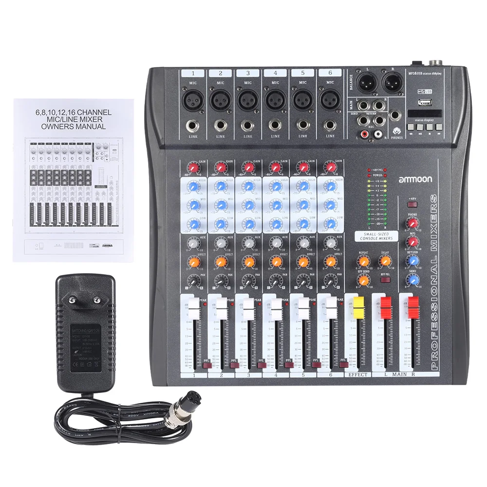 Микшерная консоль ammoon 60 USB 6 каналов микрофон аудио микшер 3 полосный EQ XLR вход 48 В