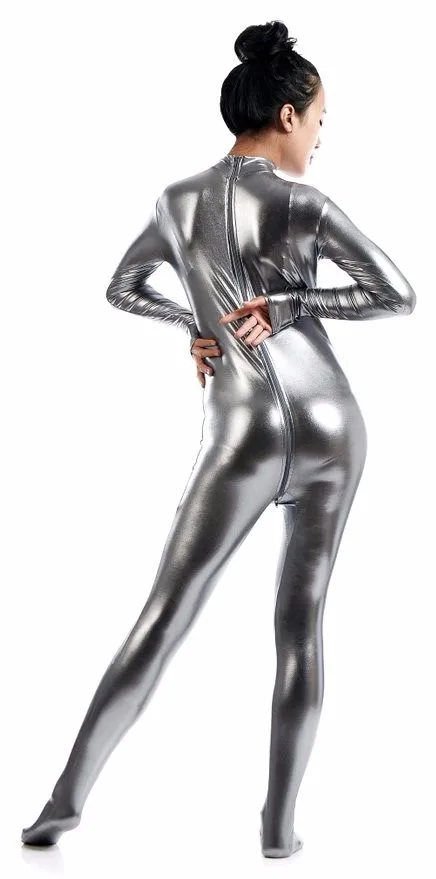 Womens-Metallic-Lycra-Turtleneck-Long-Sleeve-Unitard-Gray-Adult-One-Piece-Wet-Look-Footed-Mock-Neck
